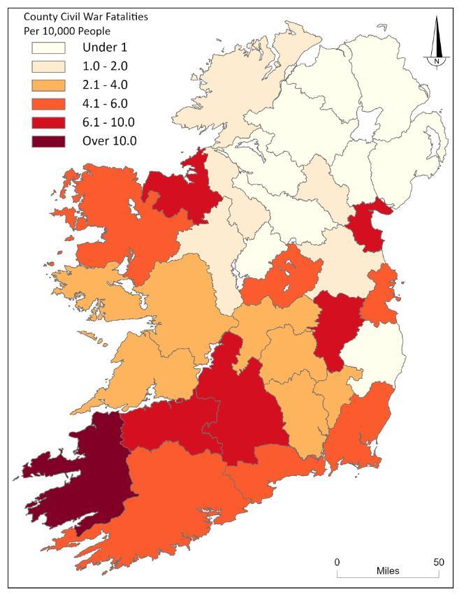 Map of Civil War fatalities in all thirty-two counties adjusted for population