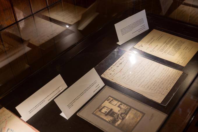 Exhibition case featuring the last known photograph of General Michael Collins and displayed at Farmleigh, 29 July 2023 [Airman Gibney, Defence Forces Press Office]