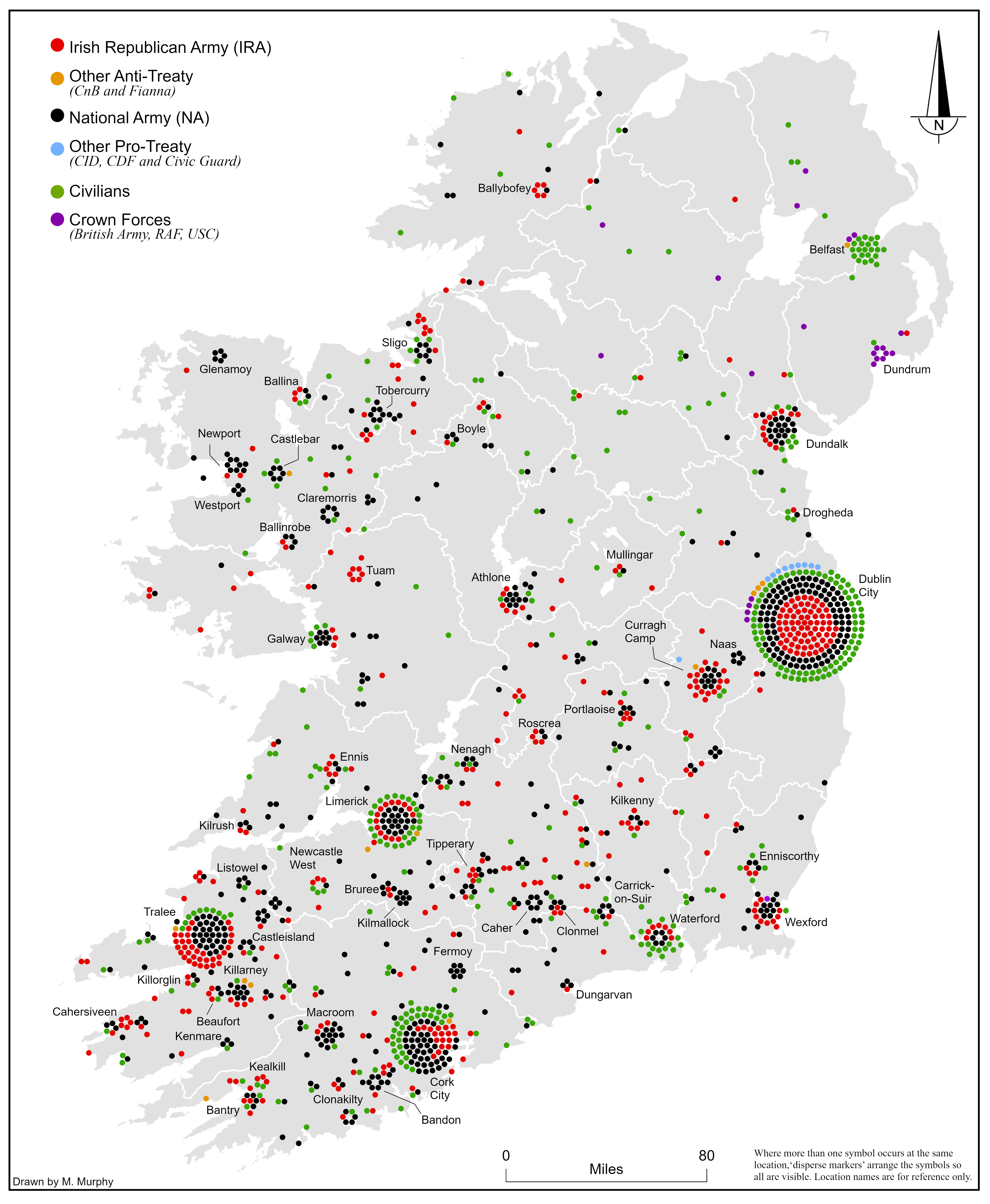 Map showing the location and affiliation of the 1,485 combatant and civilian fatalities in the 32 counties between 28 June 1922 and 24 May 1923.