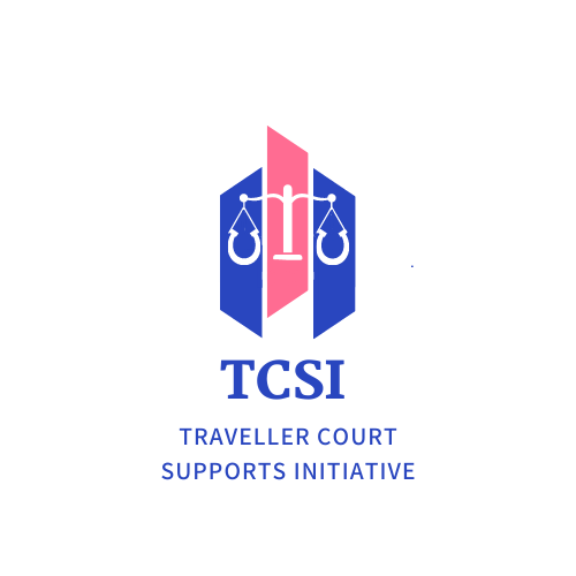 Pink and Blue TCSI logo depicting a scales with horse shoes