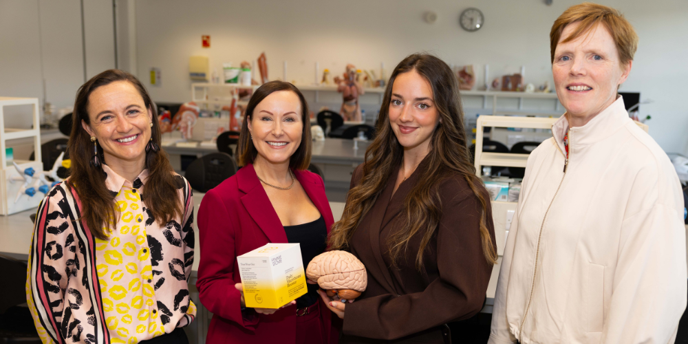 Photograph (L-R): Ellen Ní Cléirigh, Senior Client Advisor at Enterprise Ireland; Prof Siobhain O’ Mahony, Founder and CEO of FemmeBiome; Claire O’ Connor, Operations Officer at FemmeBiome; Dr Sally Cudmore, Director of UCC Innovation. Photo by Rubén Tapia/UCC.