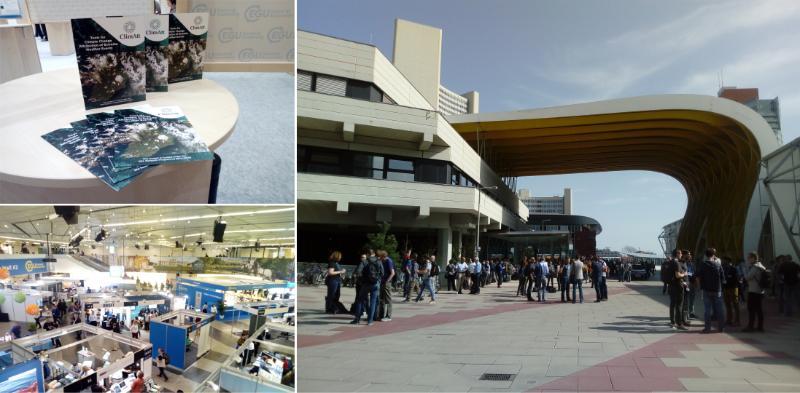 Figure 1. On the left, ClimAtt flyers during the poster session and view of the hall of the Austria Center Vienna. On the right, sunny coffee break in the outside of the EGU venue during the 9th of April.
