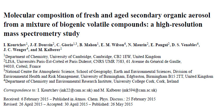 New Publication in Atmospheric Chemistry and Physics