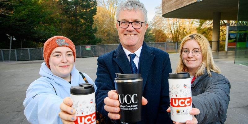 UCC President Professor John O’Halloran with Hayley O'Connell Vaughan, UCC Students' Union Communications and Engagement Officer, and Dearbhla Richardson, UCCSU Environmental and Sustainability Representative. Image credit: Daragh McSweeney/Provision