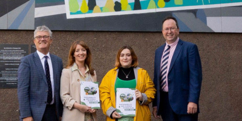 University College Cork (UCC) has set sector leading targets in its ambitious sustainability and climate action plan, launched today. Pictured are: UCC President Professor John O’Halloran; Dr Maria Kirrane, Head of Sustainability and Climate Action Office, UCC; Hayley O'Connell Vaughan, UCC Students’ Union Communications and Engagement Officer; and Professor Brian Ó Gallachóir, Associate Vice-President for Sustainability at UCC and Director of UCC’s Environmental Research Institute. Image credit: UCC/Rubén Tapia