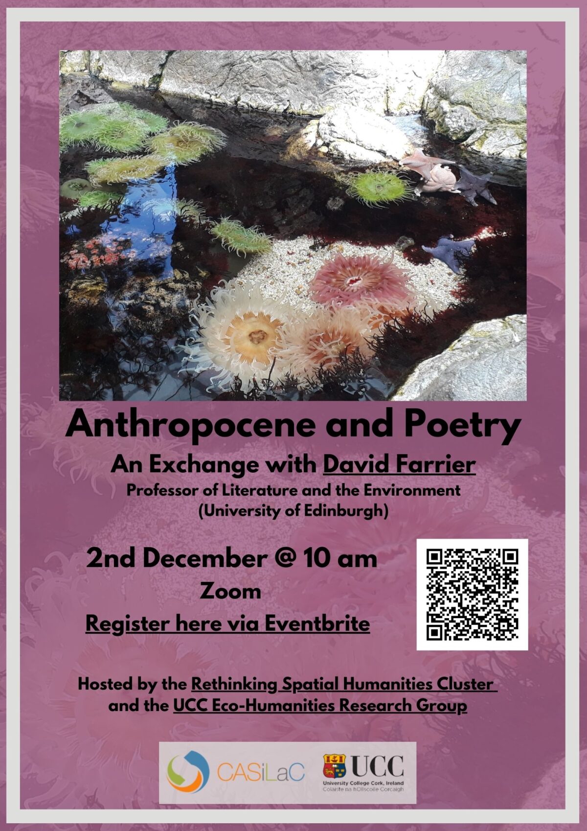 Anthrropocene and Poetry, an exchange with David Farrier, Professor of Literature and the Environment (University of Edinburgh) 2nd December at 10am. Hosted by the Rethinking Spacial Humanities Cluster and the UCC Eco-Humanities Research Group