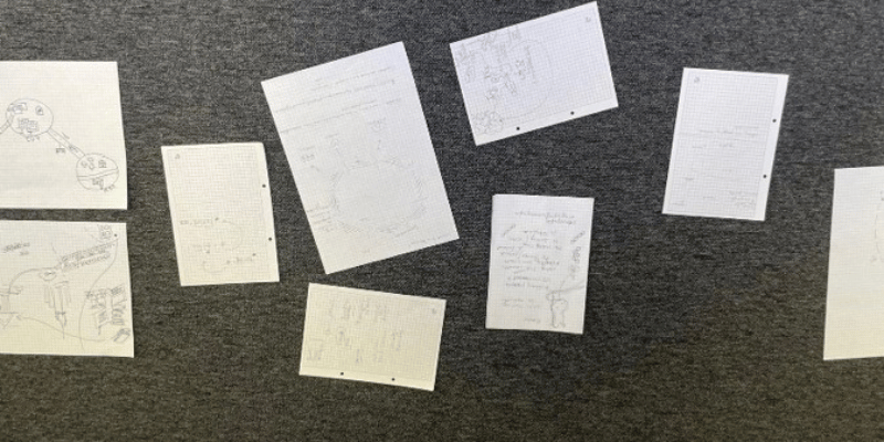 Sketches on white and yellow pieces of paper, pinned to a board.