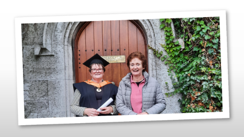 Siobhan Cashman and Mary Grufferty outside the presidents office