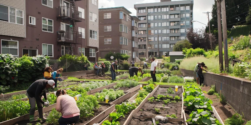 An Inner city community garden growing vegetables