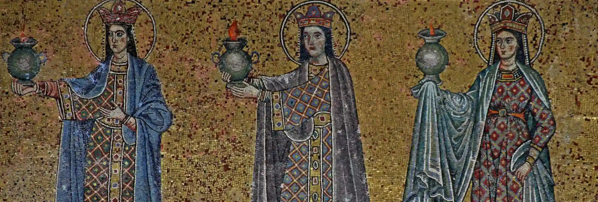 A mosaic depicts three crowned women in ornate robes, each holding a vessel with a flame rising from it against a gold mosaic background.