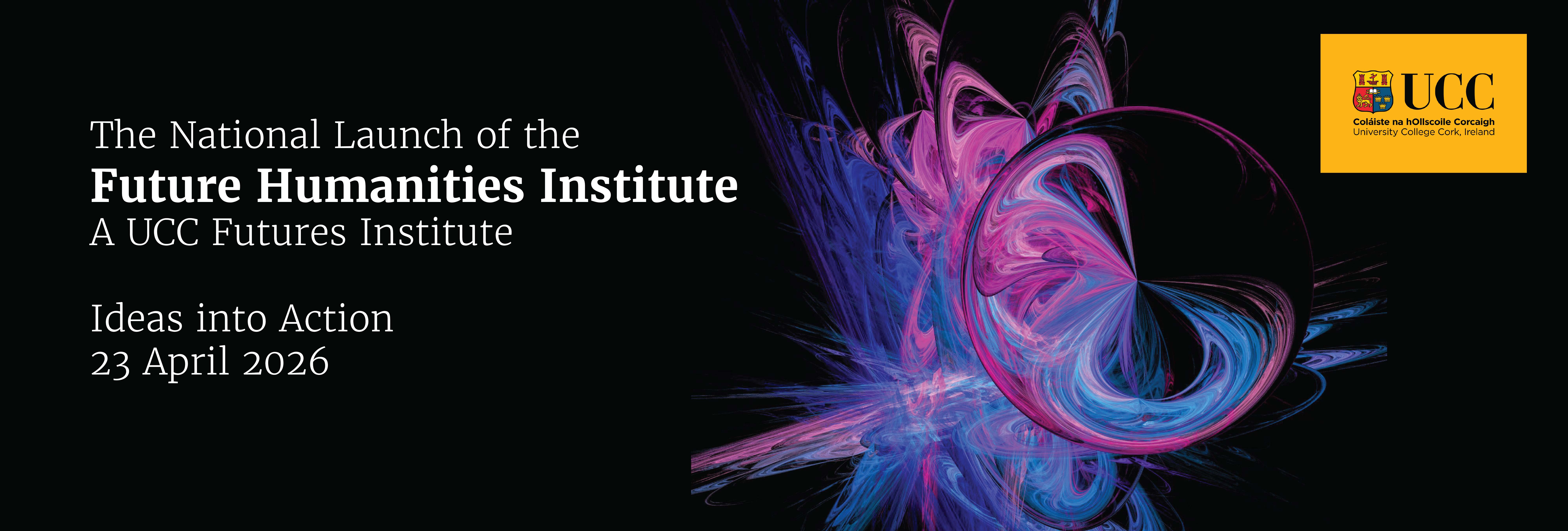 a black background with a swirl of purple advertising the future humanities institute launch on April 23