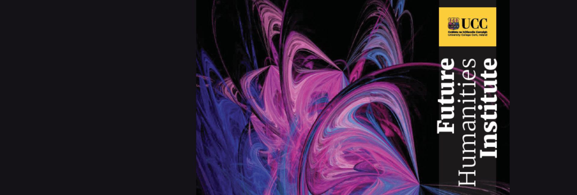 A swirling abstract design in shades of pink and blue against a black background, with the text 