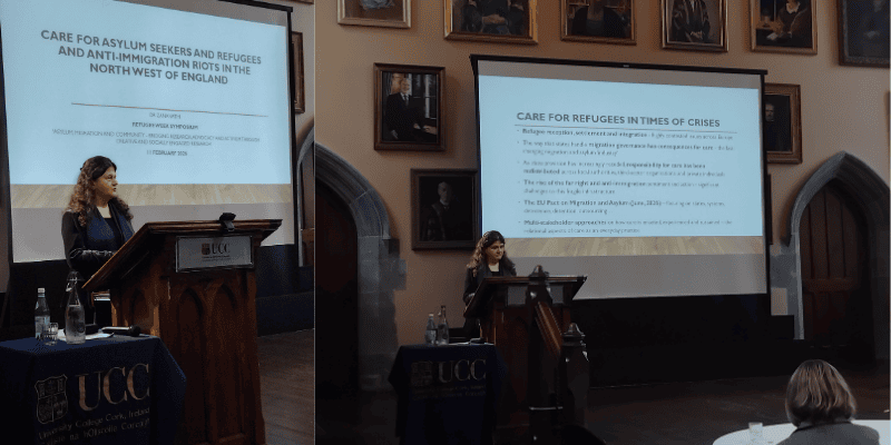 Dr Zana Vathi presents from the podium in the Aula Maxima at UCC