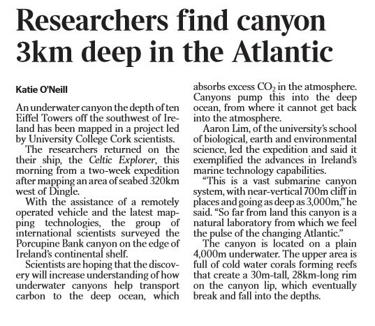 UCC Marine Geology Research Group in the Irish Times