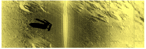 410 kHz side-scan sonar image showing Target X14, 1547m water depth, eastern flank of the Lomonosov Ridge, near North Pole. Target subsequently verified as a hypersonic, aerial and surface snow delivery vehicle propelled by magical reindeer (reindeer not imaged) 