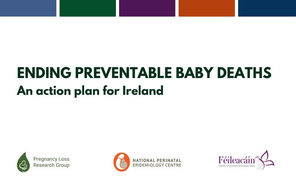White banner with the text 'Ending Preventable Baby Deaths: An Action Plan for Ireland'. PLRG, NPEC and Féileacáin logos at the bottom. Five (different coloured) blocks/tabs at the top.