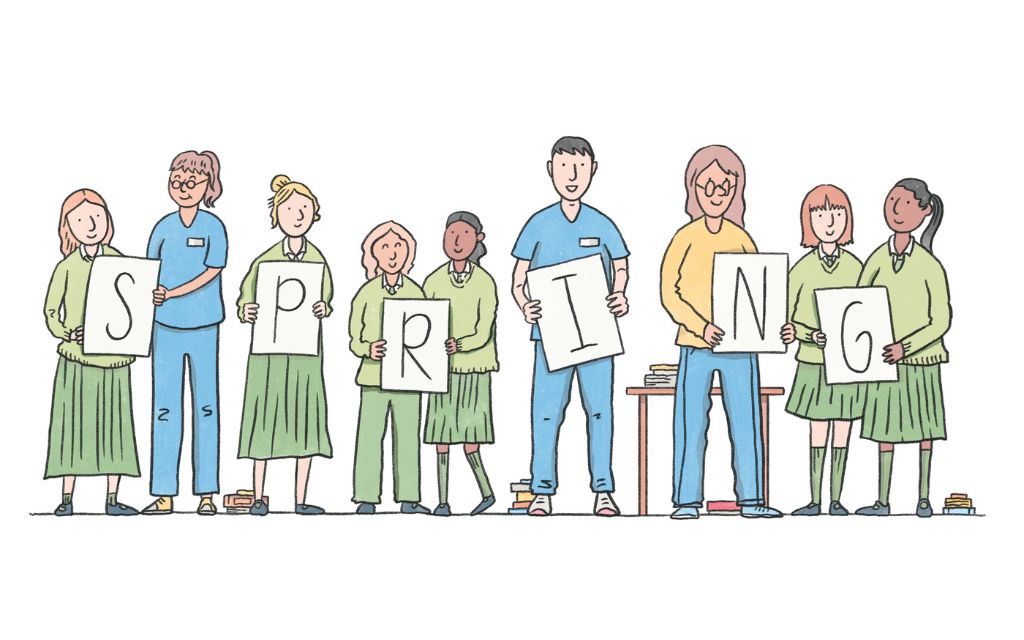 Group of young people, a teacher and health professionals standing in a row (across) holding up individual letters of the alphabet to read 'SPRING'. Copyrighted images by Amy Lauren.