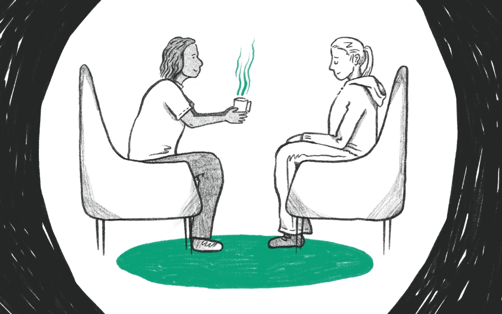 Illustration of two people sitting in armchairs faced opposite each other - one is handing the other a cup of tea. Image is black & white with a green circular mat under the two chairs