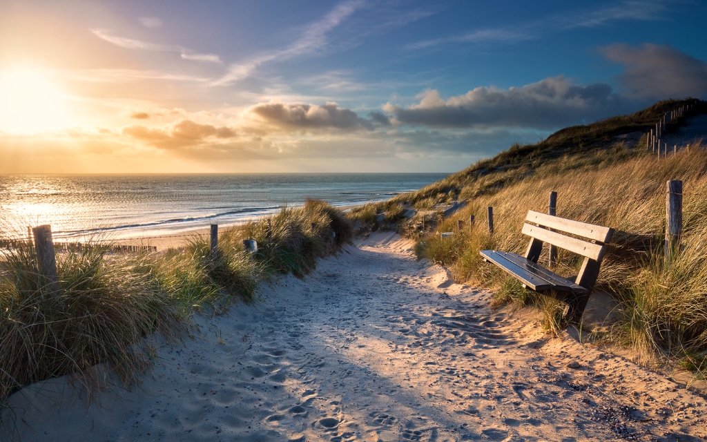 evening sunshine over bench and path to sea