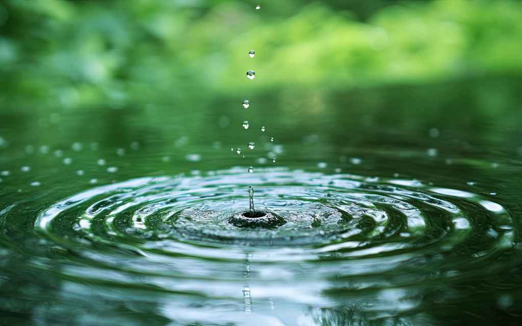 Water droplet falling into still pond, creating concentric ripples