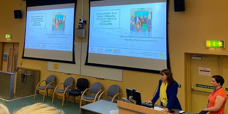 Fiona Steed, Chief Health and Social Care Professionals Officer in the Department of Health, introducing Susan Dineen, Medical Scientist at CUH, at the National HSCP Day event held at CUH. Photo: CUH HSCP