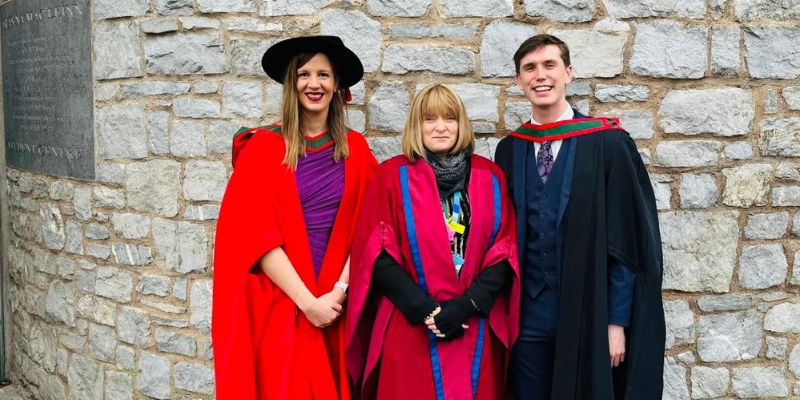 Dr Peter Jackson on graduation day accompanied (L-R) by Dr Tamara Escañuela Sánchez and Professor Keelin O'Donoghue