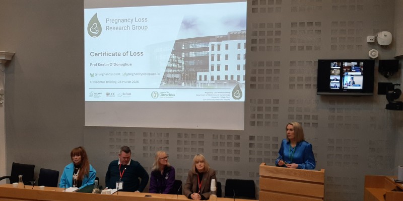 Woman standing behind a podium (on the right of the photo), with a large presentation screen and a seated panel of people to the left