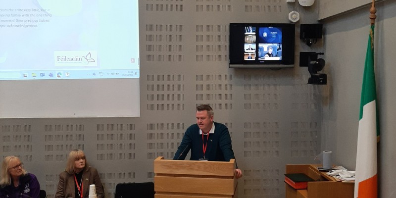 Man standing behind a podium with the Irish flag to the right of the photo and a seated panel to the left