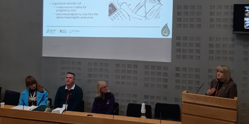Woman standing behind a podium (on the right of the photo), with a large presentation screen and a seated panel of people to the left