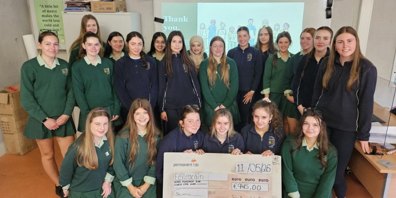 Transition Year students raised €945 for Féileacáin through donations from a non-uniform day, pictured here with the presentation cheque