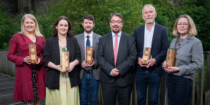 Photo (L-R): Professor Suzanne Timmons, Professor Gillian Murphy, Professor Eugene Costello, Professor John Cryan (UCC Vice-President for Research & Innovation), Professor Paul O'Toole and Professor Maggie O'Neill. Image credit: Gerard McCarthy.
