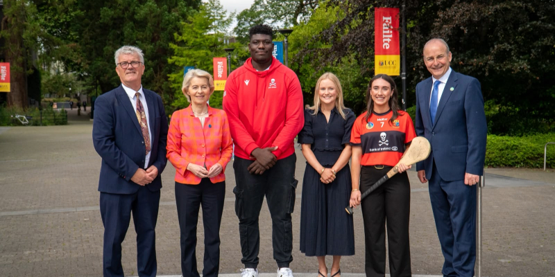 President of the European Commission Ursula von der Leyen and An Taoiseach Micheál Martin TD are pictured with UCC President Professor John O'Halloran MRIA, and UCC students Edwin Edogbo, Méabh Murphy and Robyn Murphy during the visit of the EU College of Commissioners to UCC.