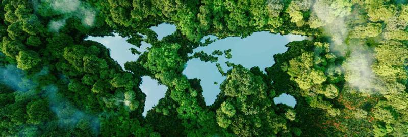 The world as a set of lakes in a forest representing future sustainability