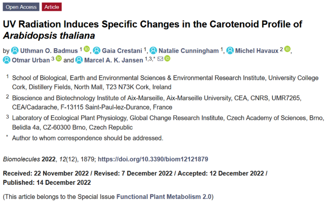 UV Radiation Induces Specific Changes in the Carotenoid Profile of Arabidopsis thaliana