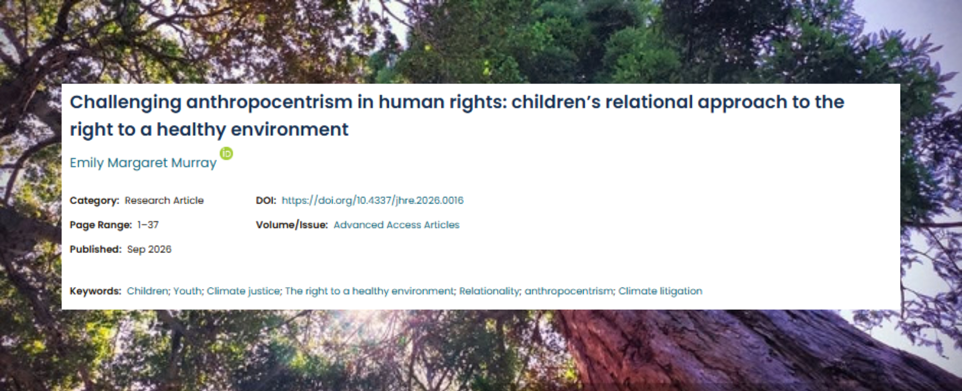 New publication: Challenging anthropocentrism in human rights - Children\'s relational approach to the right to a healthy environment