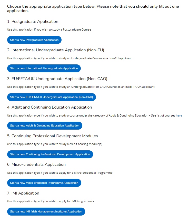 List of available application types on UCC Apply