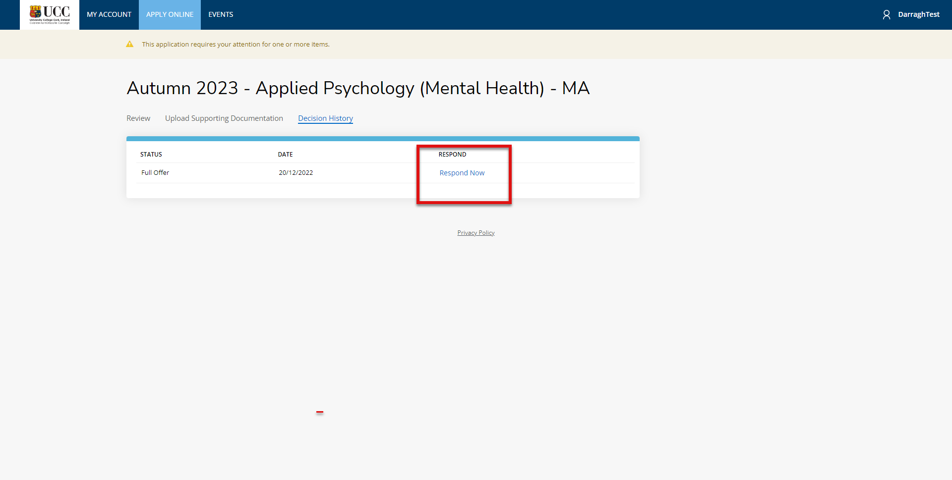 Screenshot of the online application portal showing where to click on the page to respond to an offer