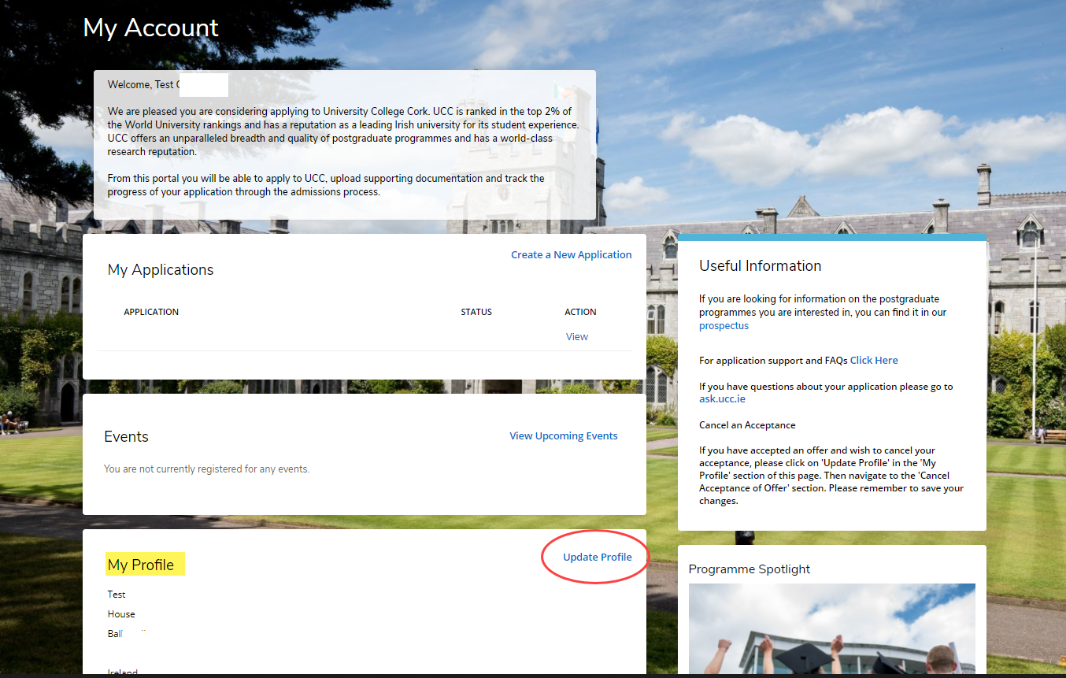 A screen shot of the landing page of student application portal