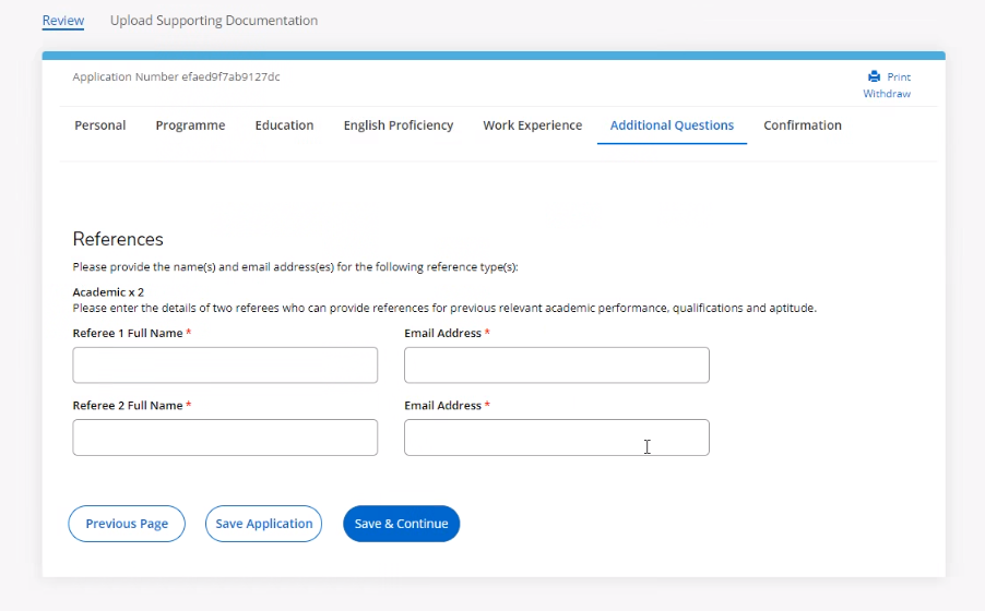 Screenshot showing where students can input reference requests in their application.