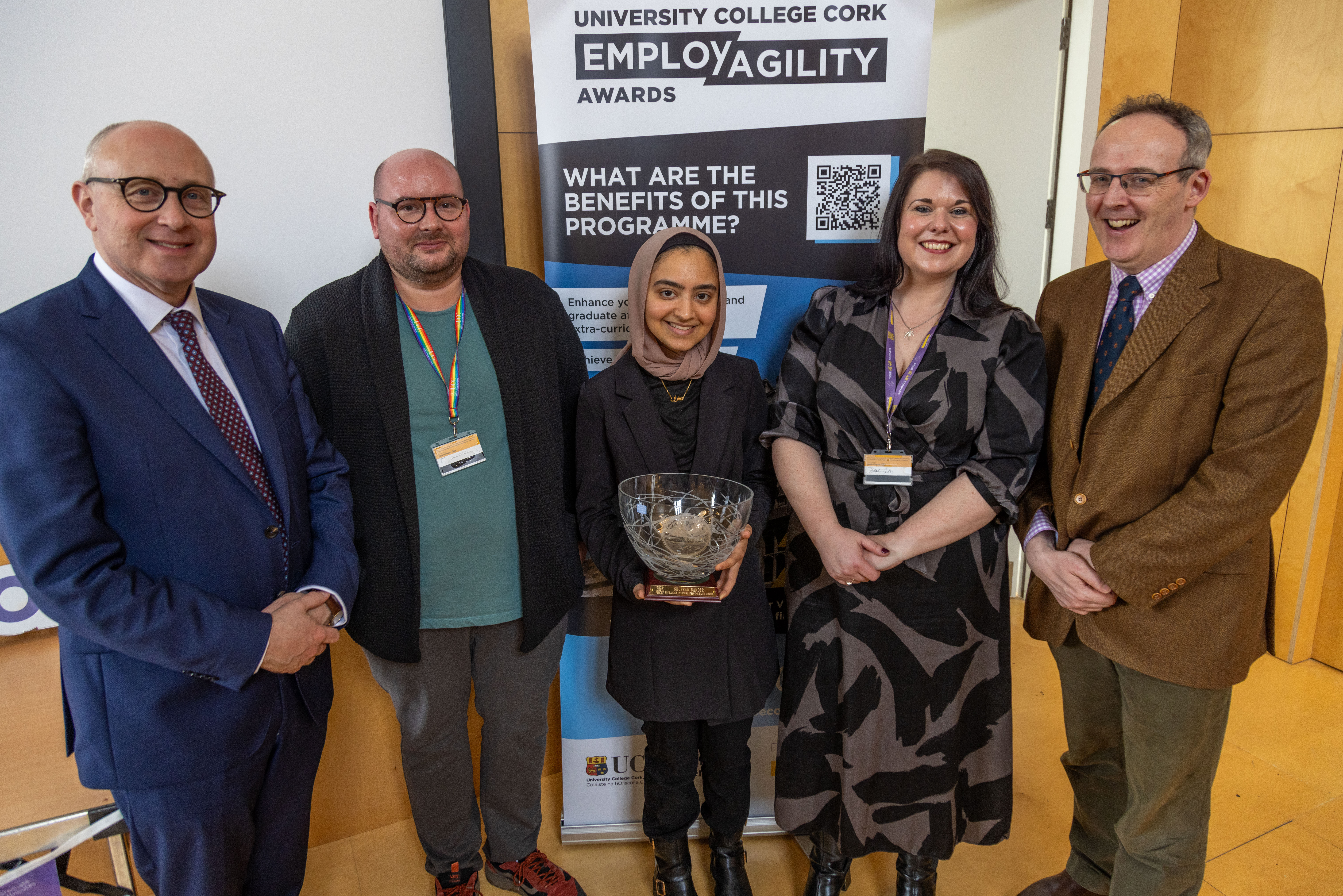 Professor Paul McSweeney, Vice-President for Learning and Teaching; David Jones, UCC Career Services;  Ghufran Al-Bander, Excellence in Social Responsibility Award winner; Adel Coleman, Graduate Attributes Programme Manager; Professor Stephen Byrne Deputy President and Registrar (Photo: Max Bell)