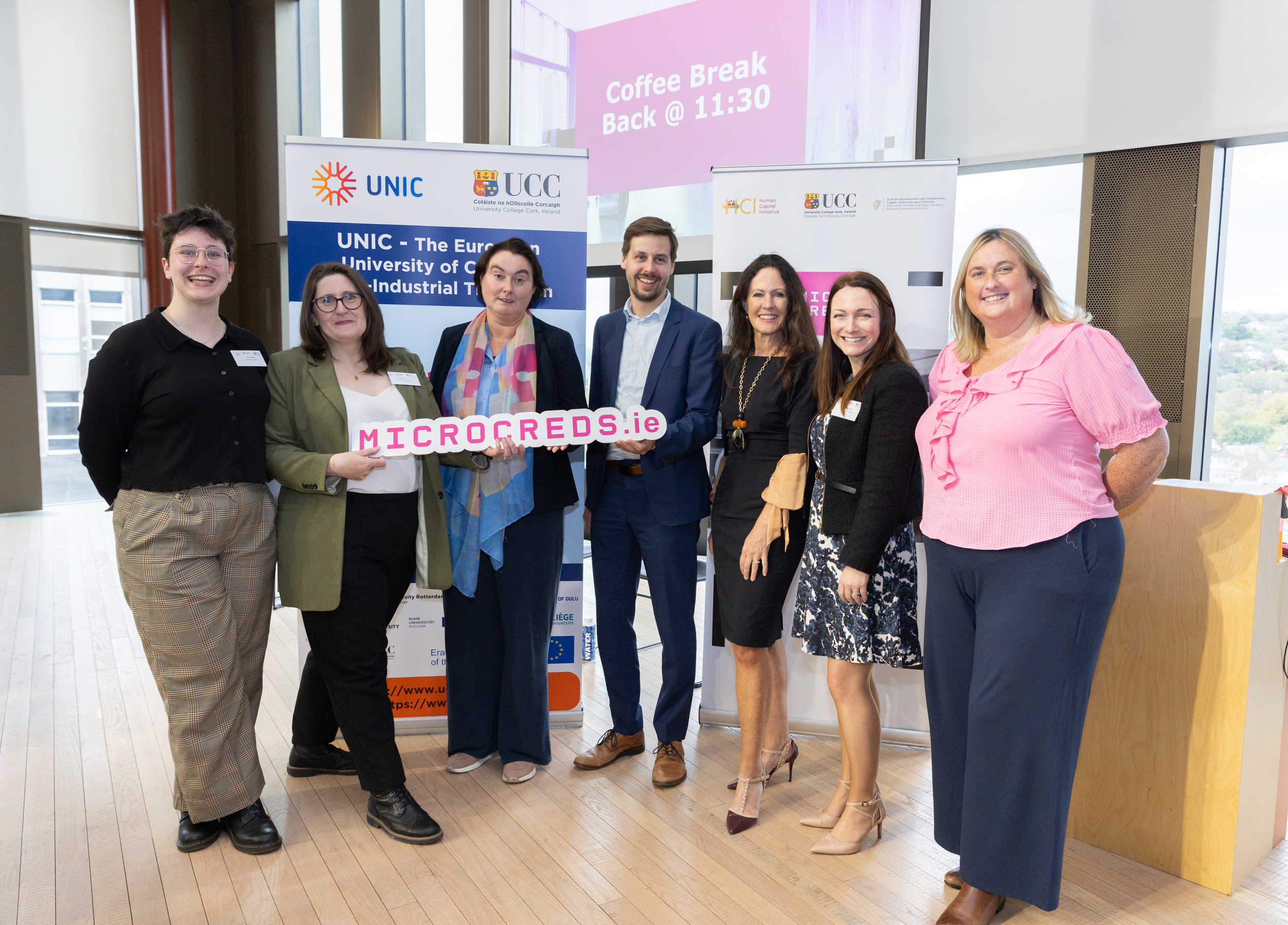 L-R: Grace Arnold (UCC), Mags Arnold (UCC), Mairéad Nic Giolla Mhichíl (DCU), Mathias Reckman (UNIC), Jean Van Sinderen-Law (UNIC), Jools O'Connor (IUA), Catriona Nic Giolla Mhichíl (DCU)