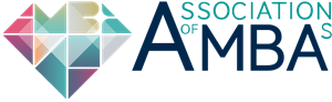 Logo for AMBA - the Association of MBAs, written in dark and light blue text alongside a colourful diamond-shaped image.
