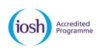 Purple text for the IOSH logo, against white background accented with a blue circle, for the Institute of Occupational Safety and Health.