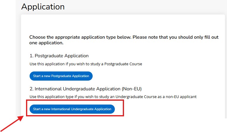 UCC Apply homepage screenshot with a list of application types.