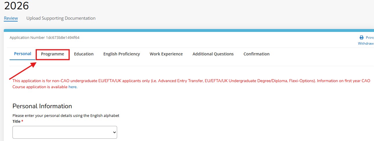 UCC Apply homepage screenshot showing the programme selection.