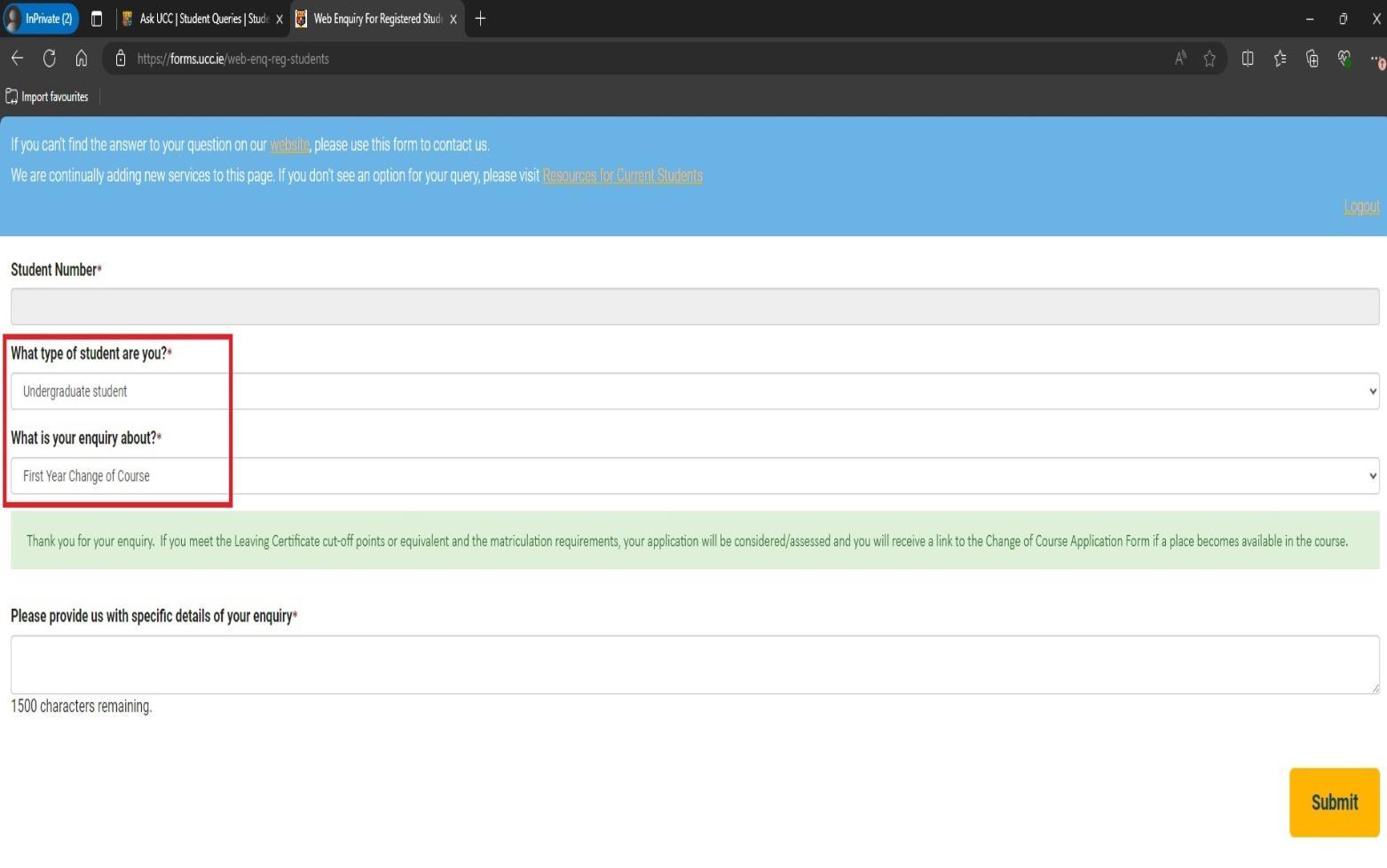 A screenshot of the options on the registered web enquiry form needed to choose the 