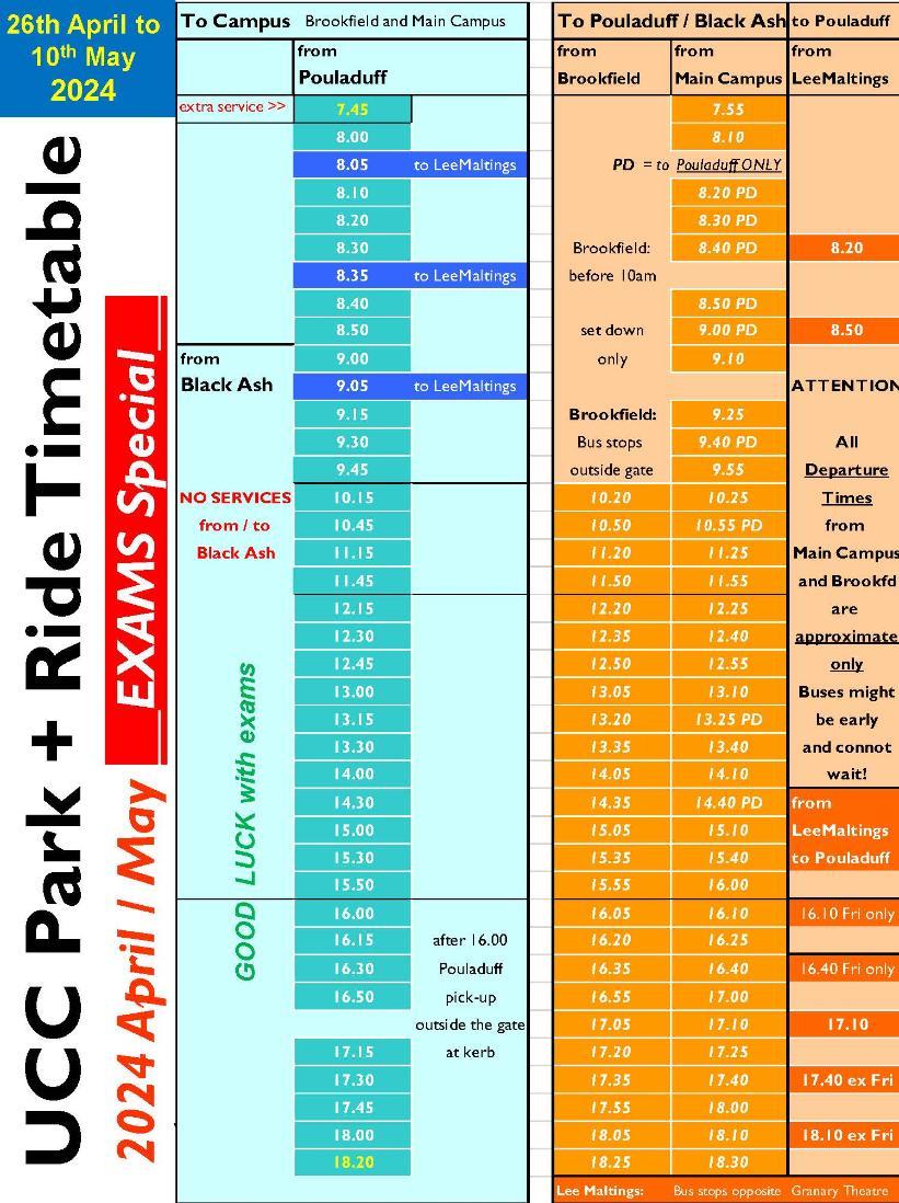 Park & Ride Exam Timetable 2024