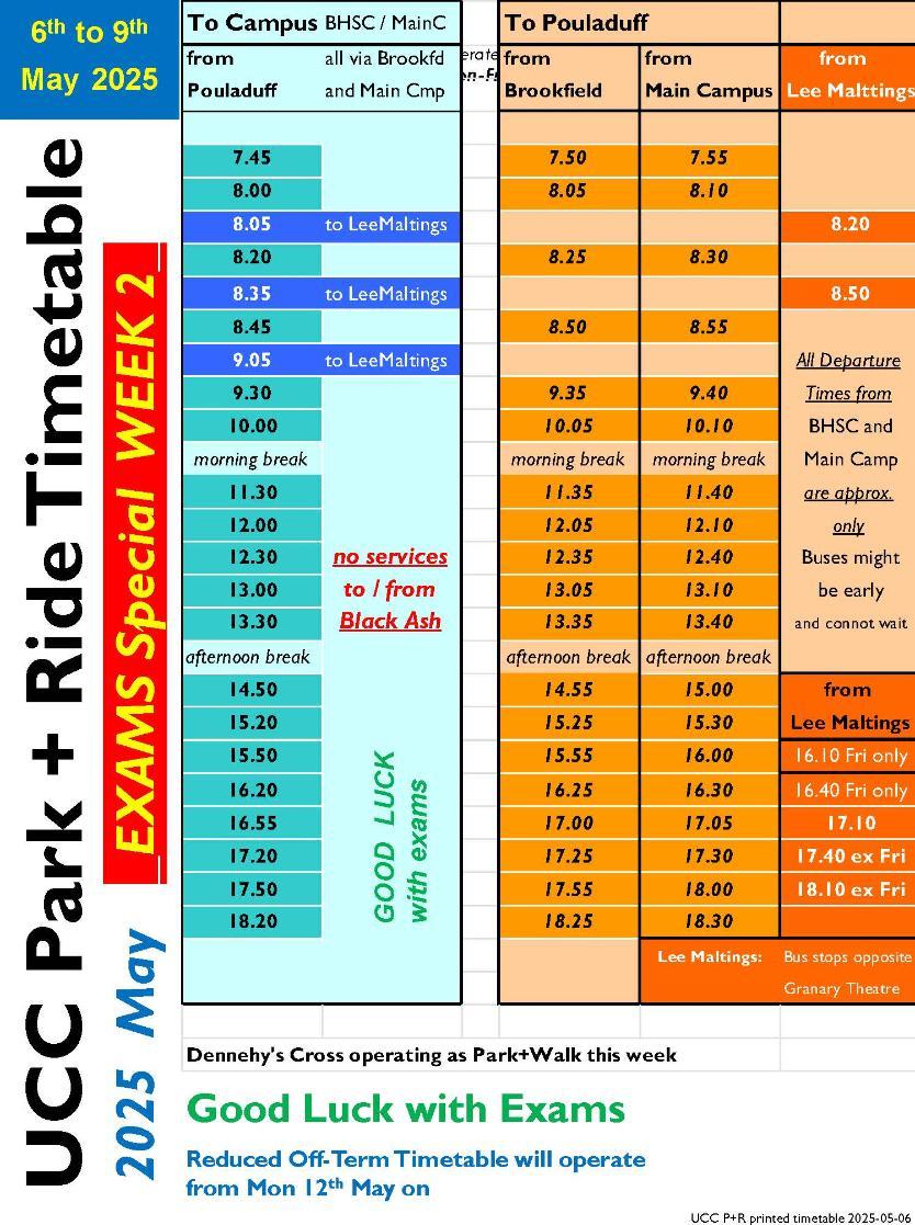 Park and Ride Timetable Exams Week 2