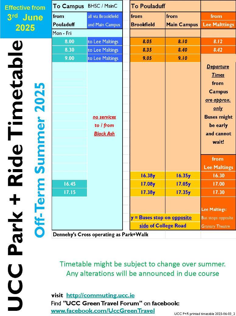 Park and Ride Timetable Summer 2025