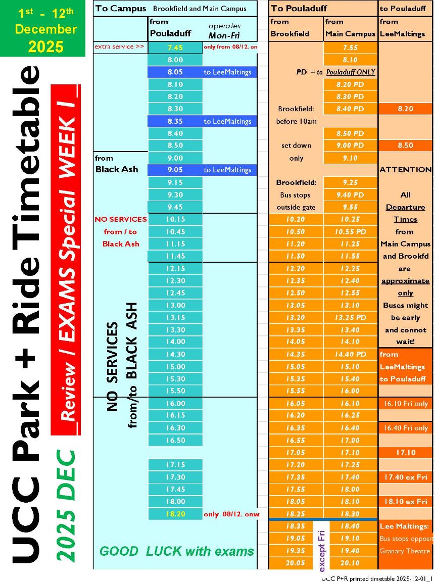 Park & Ride Timetable 1-12th December 2025
